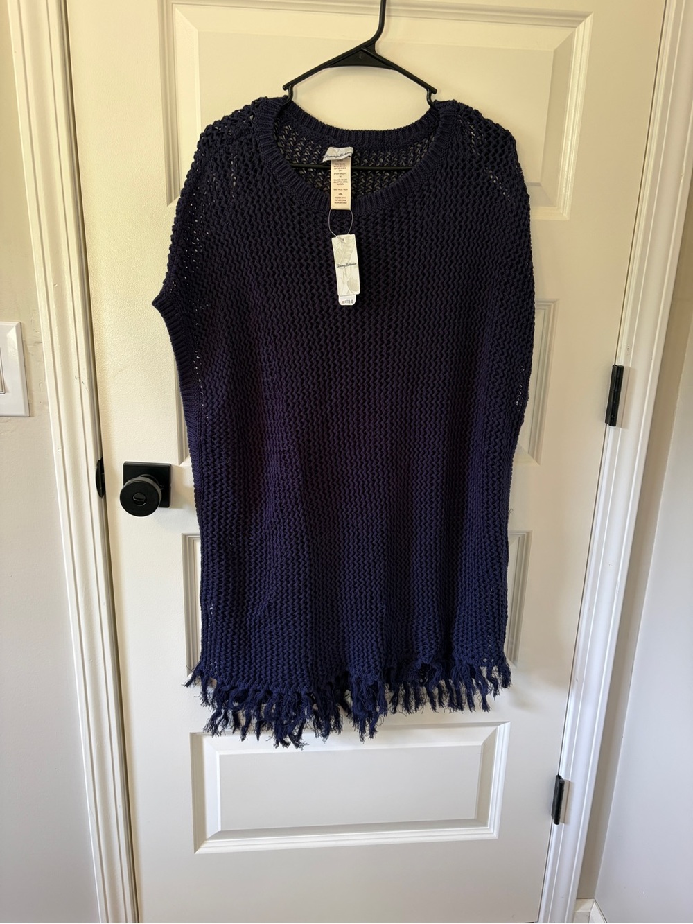 Tommy Bahama Navy Open-Weave Fringe Hem Sweater Tunic